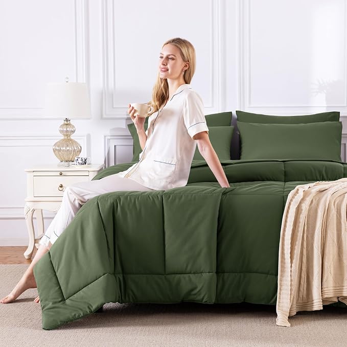 CozyLux Queen Comforter Set Olive Green, 7 Pieces Bed in a Bag, All Season - Image 7