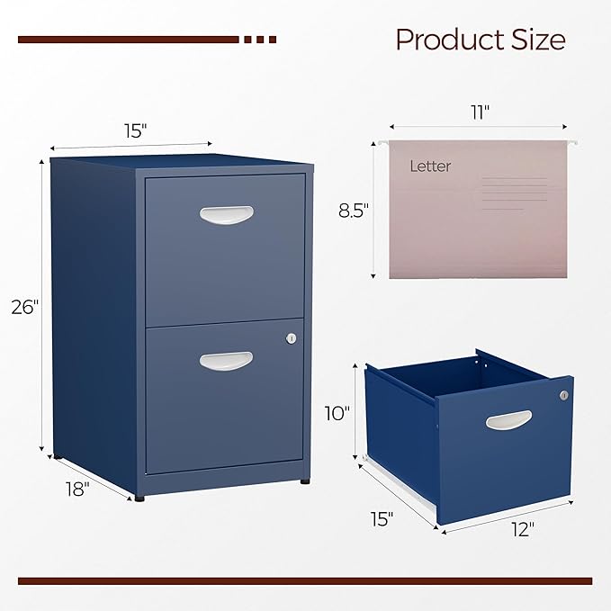 Kubohogar 2 Drawer File Cabinet with Lock,Blue Metal Filing Cabinets,Vertical Locking File Cabinet Fit Hanging Files, Letter,File Box and A4 Documents