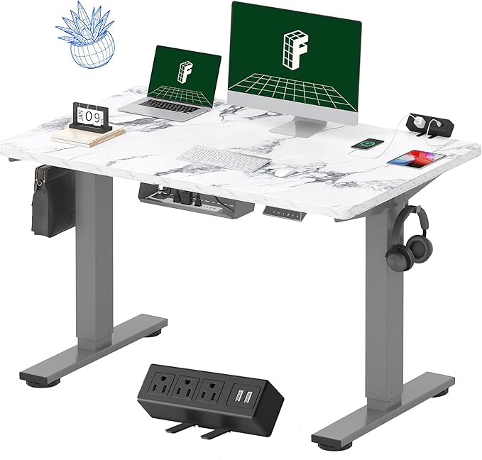 FLEXISPOT EN2 Whole-Piece Standing Desk with Clamp Power Strip, 48 x 30 Electric Stand Up Height Adjustable Desk with Cable Management (Gray Frame + 48" Marble Gray, 2 Packages)