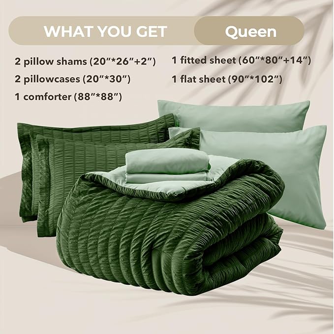 HYMOKEGE Dark Green/Sage Green Queen Comforter Set Seersucker 7 Pieces - Image 5