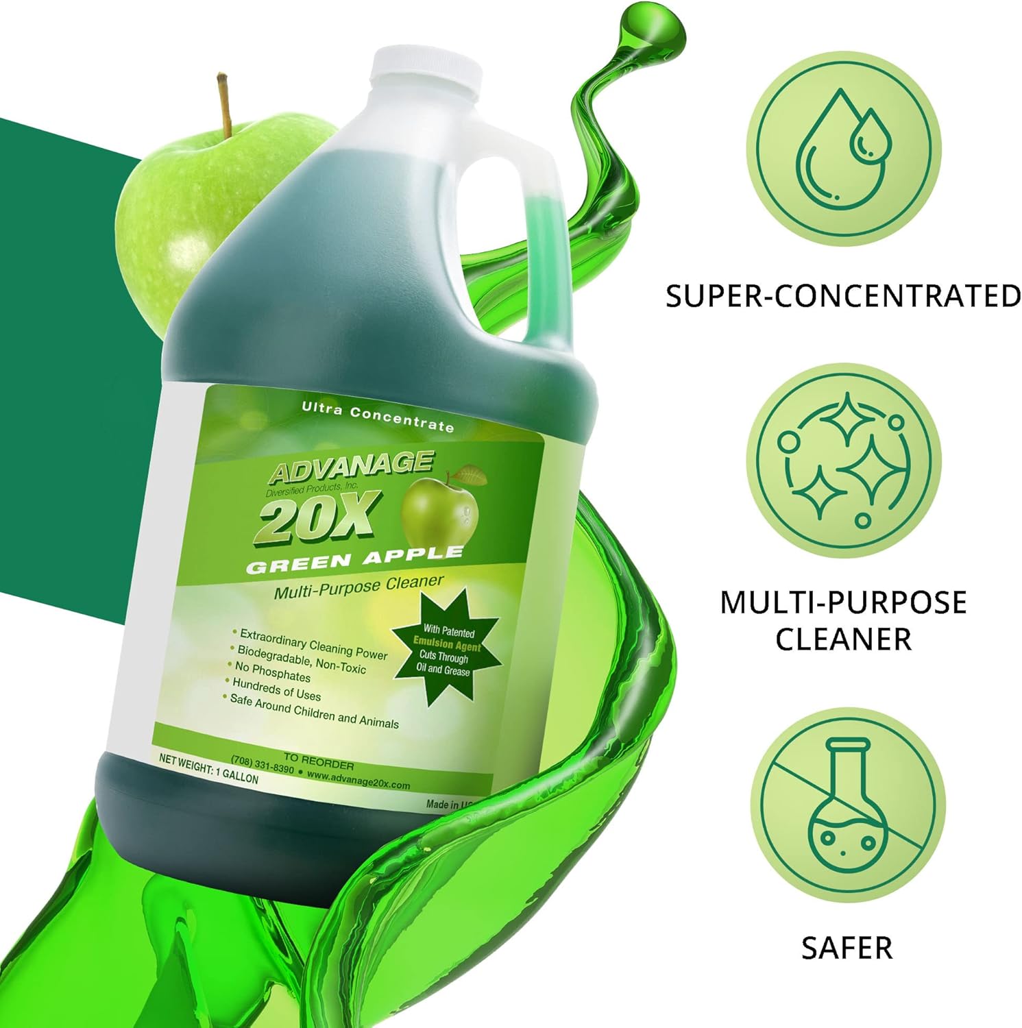All Purpose Cleaner Concentrate - Advanage 20X The Wonder Cleaner Green Apple for All Surfaces Around Bathroom, Kitchen, Oil and Grease, Multi Purpose Cleaner for Household Cleaning Solution, 128 FlOz