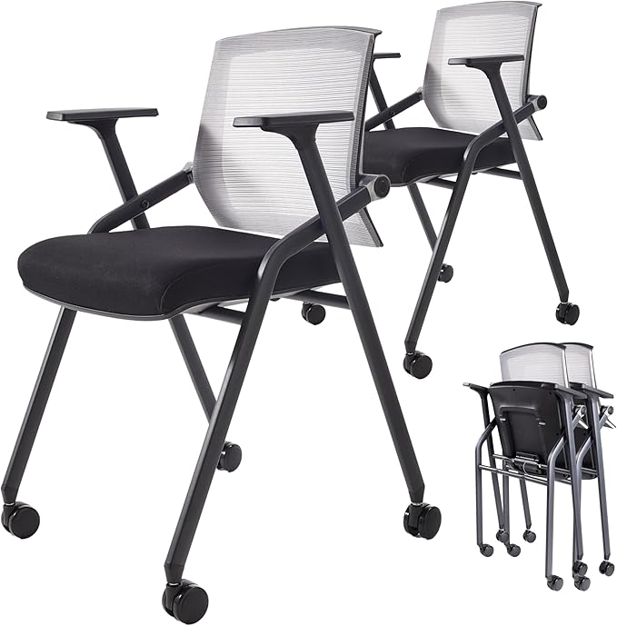 BLANEDUO, 2 Pack Stackable Conference Room Chairs with Paddle Folding Office Chair Foldable Desk Chair Mesh Back and Arms for Conference Meeting Guest Reception Home Office Training Room Chair