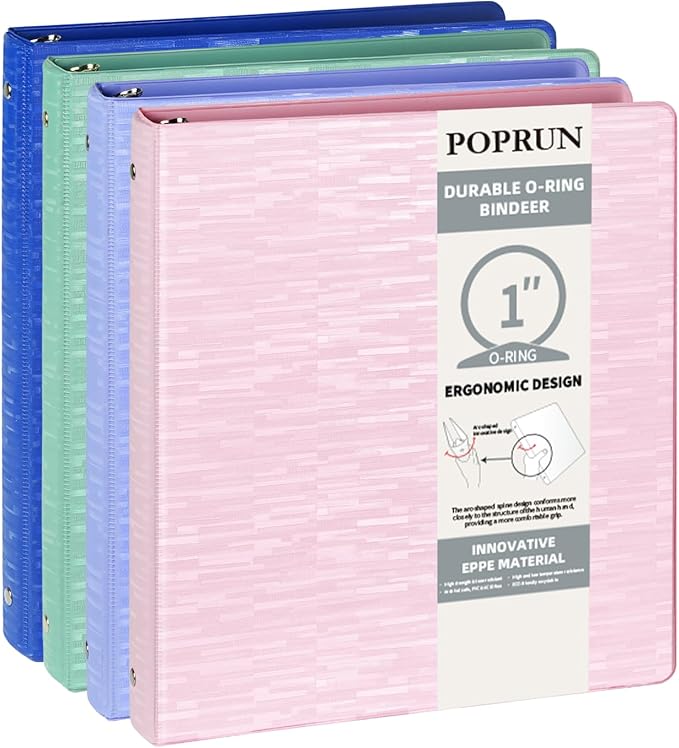 POPRUN 3 Ring Binder 1 Inch, PVC-Free, Holds 175 Sheets of 8.5 x 11 Paper, Extra Durable Organizer with 2 Pockets for School & Office, Heavy-Duty, 4 Pack, Multicolor