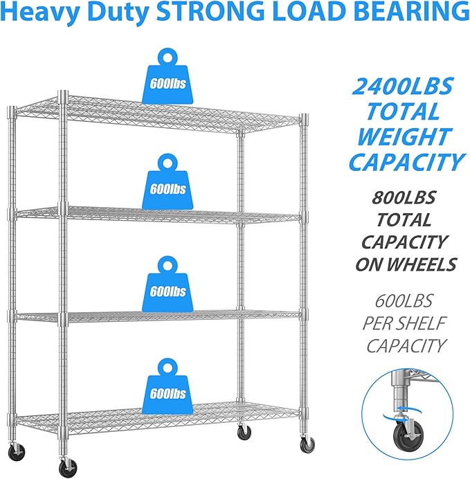 Homdox 4-Tier Heavy Duty Metal Shelves with Wheels - 2400LBS Commercial Adjustable Shelves for Garage, Pantry, Kitchen - 24"x60"x72", Chrome