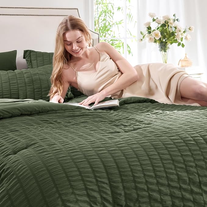 CozyLux King Size Comforter Set Olive Green Seersucker 7 Pieces Bed in a Bag - Image 3