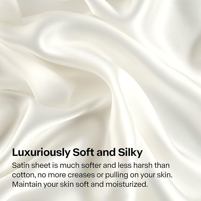 BEDELITE Satin Sheets Queen Size Bed Set, Luxury Soft Ivory White Silky Sheets - Image 3