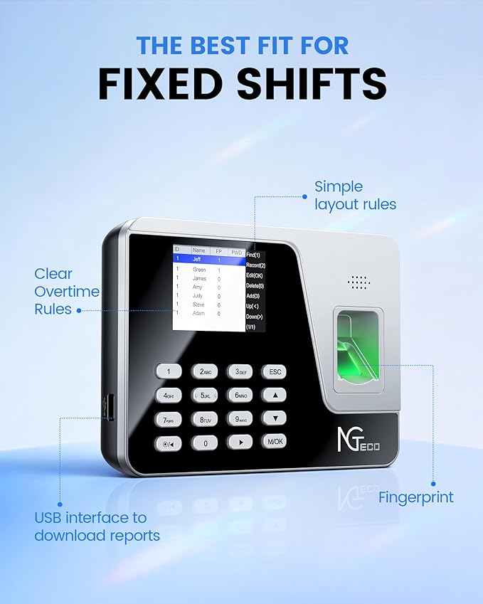 NGTeco Fingerprint & PIN Biometric Time Clock, Standalone Punch Machine for Employees Small Business, No WiFi/Software Required, No Monthly Fees
