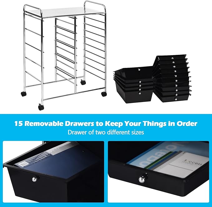 GOFLAME 15-Drawer Rolling Storage Cart, Craft Storage Cart with Removable Drawers & Lockable Wheels, Art Cart Supply Storage Organizer for Home Office Classroom, Black