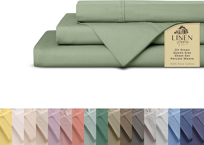 Linen Home 100% Cotton Percale Sheets Queen Size, Oil Green, Deep Pocket by LINENHOME