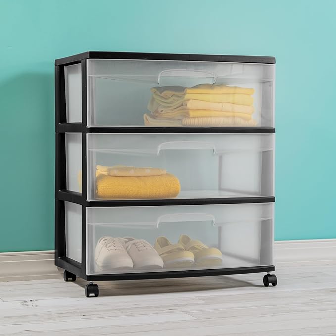 3-Drawer Wide Rolling Storage Cart with Clear Drawers and Wheels, Durable Plastic Storage Organizer for Bedroom, Closet, Dorm and Home Office.