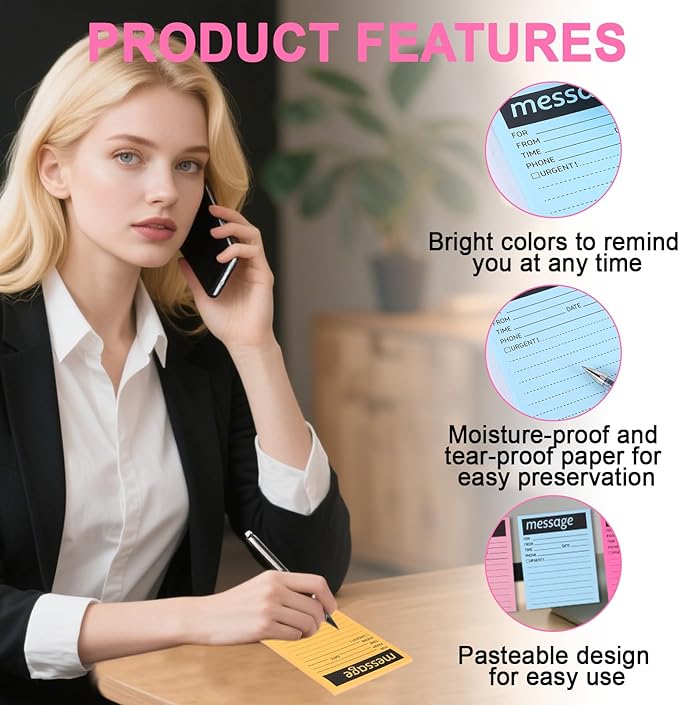 9 Pcs Colorful Phone Message Pad, 5.1×3.9 Inch Message Sticky Notes, Self-Adhesive Sticky Notes, Fluorescent Color Telephone Note for Office School Home, 50 Sheets/Pack (9 Colors)