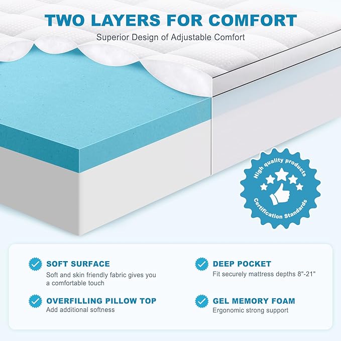 MASVIS Queen Size Dual Layer 4 Inch Memory Foam Mattress Topper, 2 Inch Cooling - Image 2