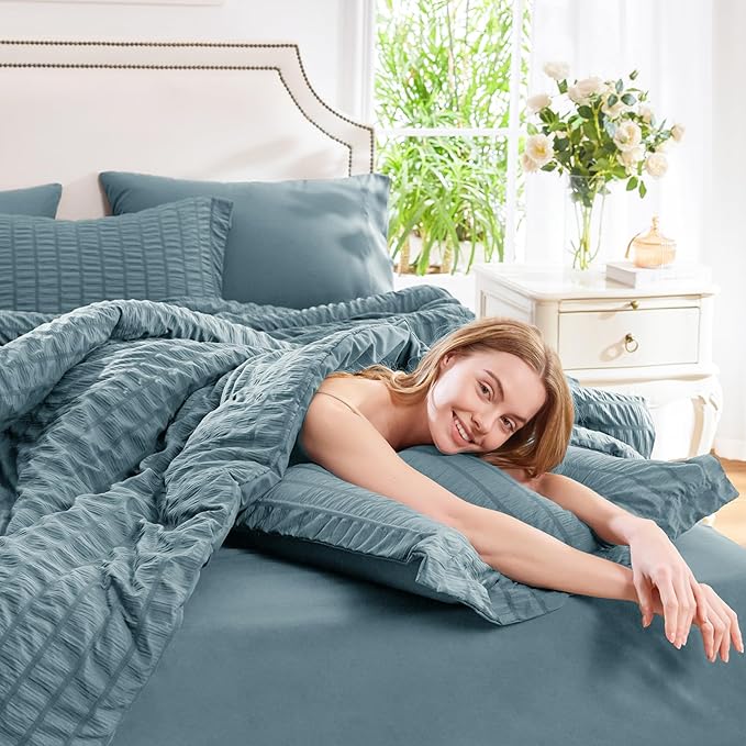CozyLux Queen Comforter Set Mineral Blue Seersucker 7 Pieces Bed in a Bag Queen - Image 7