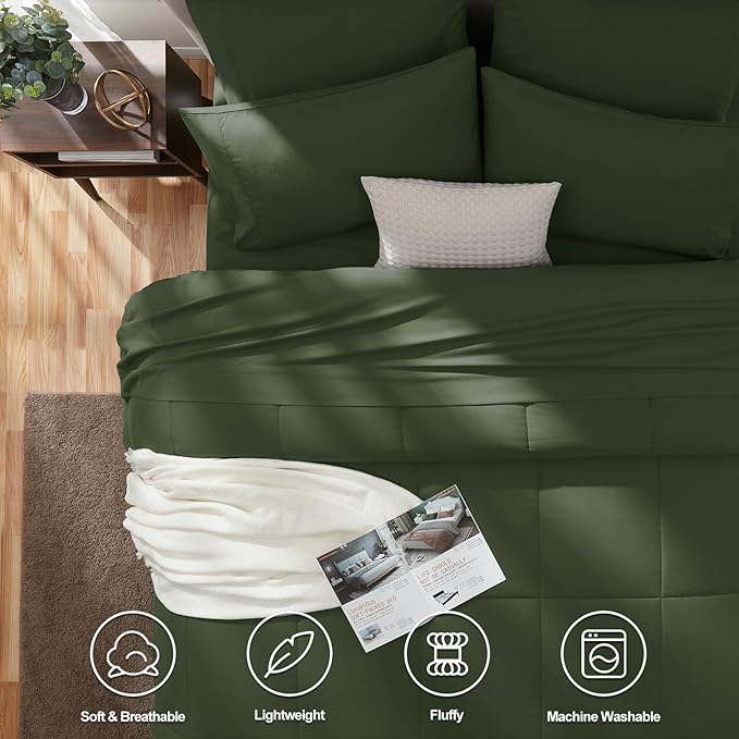 CozyLux King Size Comforter Set Olive Green, 7 Pieces Bed in a Bag, All Season - Image 2