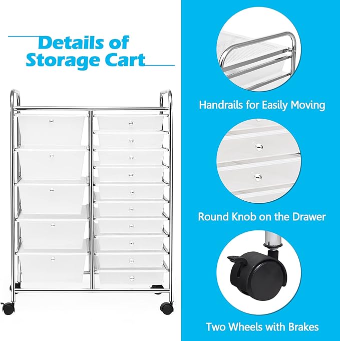 GOFLAME 15-Drawer Rolling Storage Cart, Craft Storage Cart with Removable Drawers & Lockable Wheels, Art Cart Supply Storage Organizer for Home Office Classroom, Clear