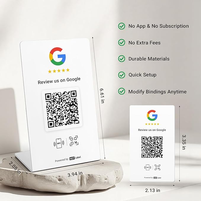 HotLabel Review Stand 3-Pack + Bonus Review Tap Card 3-Pack + For Boosting Business Reviews + White + NFC Tap & QR Code + Supports 2 Different Stores or Same + No App/No Subscription