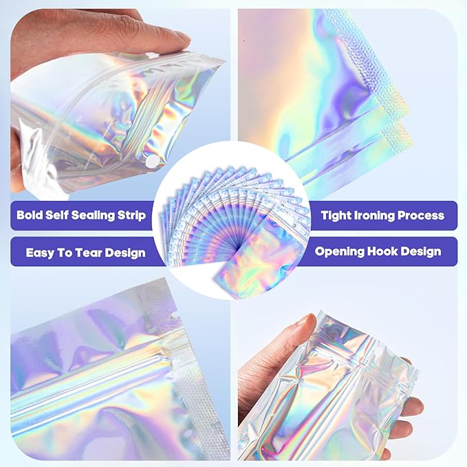 100Pcs Holographic Packaging Bags, 3.1x4.7 inch Resealable Foil Pouch Mylar Sample Bag Great for Small Business and Party Favor Food Storage……