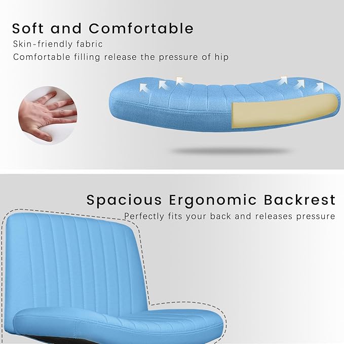 PUKAMI Criss Cross Chair,Armless Cross Legged Office Desk Chair No Wheels,Fabric Padded Modern Swivel Height Adjustable Mid Back Wide Seat Computer Task Vanity Chair for Home Office (Light Blue)