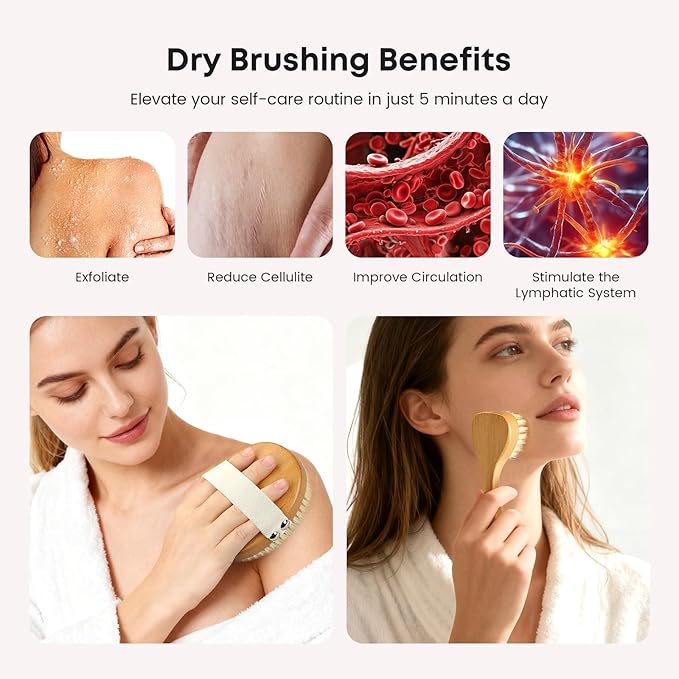 eaxun Bamboo Dry Brushing Body Brush Set, Natural Exfoliating Boar Bristle Face - Image 3