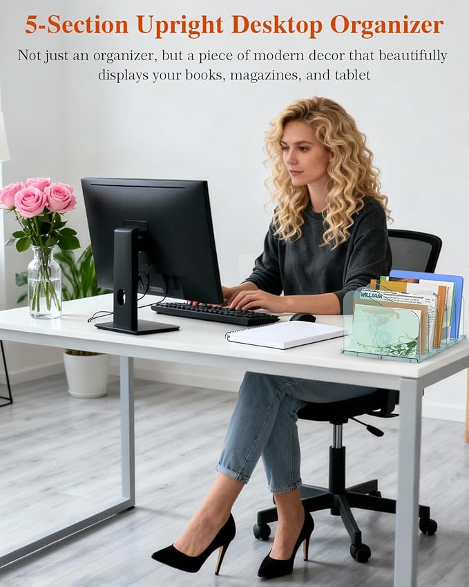 COWVTUJ Adjustable Rose File Organizer for Desk, Vertical File Folder Holders for Magazines, Upright Desktop Binder Organizer, Clear Paper Bookshelf Divider File Sorter for School Office Supplies