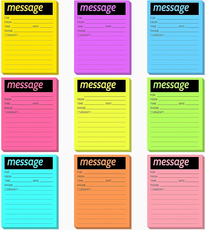 Geyee 9 Pieces Telephone Message Sticky Notes Pads 4 x 5 Inch Assorted Neon Colors Sticky Notes Urgent Self Stick Notepads for Work Call, Office Supplies, 50 Sheets/Pack(Fluorescent Colors)