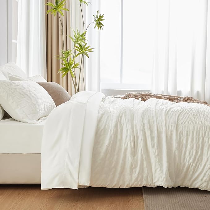 CozyLux King Size Comforter Set Ivory Seersucker 7 Pieces Bed in a Bag King - Image 9