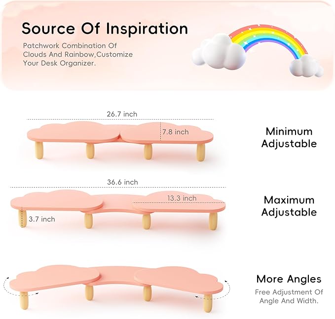 AFOOYO Dual Monitor Stand Riser, Adjustable Rainbow Cloud Desktop Organizer for 2 Monitors, Flexible Length & Angle Computer Stand for Laptop, PC, Printer, Home Office Use - Pink