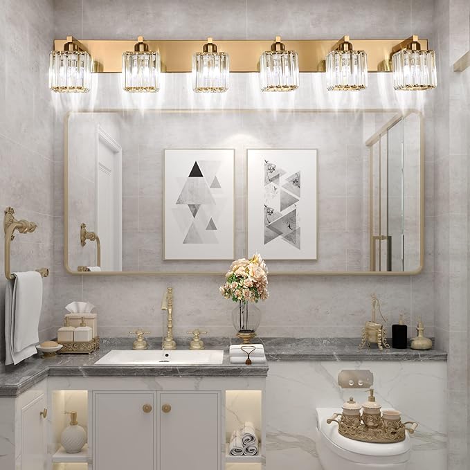 Aipsun Bathroom Vanity Light Brass Crystal Vanity Lighting Fixtures 6 Light - Image 5