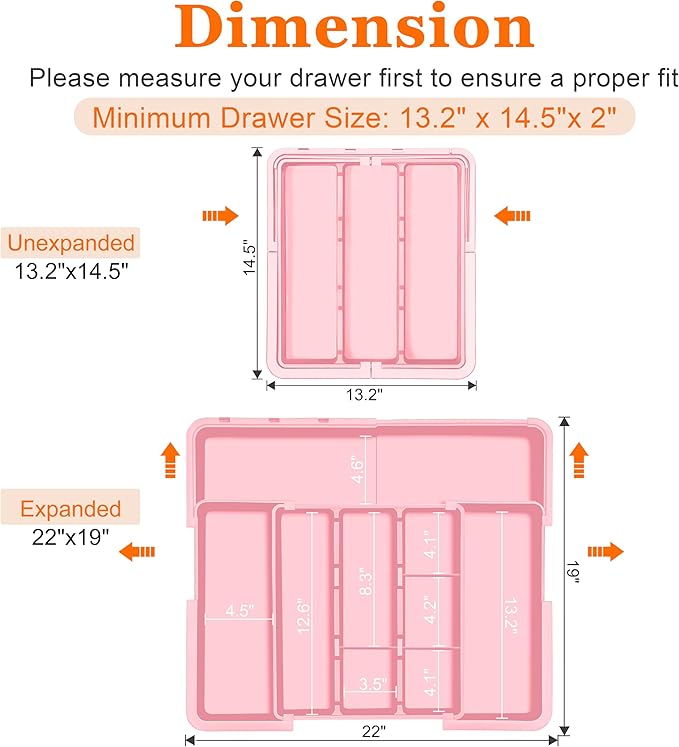 Spaclear Large Utensil Drawer Organizer Expandable Silverware Organizer for Kitchen Drawer Adjustable Cooking Utensil Holder Cutlery Flatware Tray Spatula Tools Gadgets Storage Dividers Plastic Pink