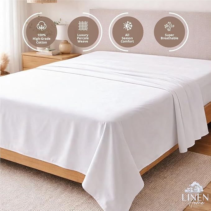 Linen Home 100% Cotton Percale 1 Flat Sheet, King Size - Image 3