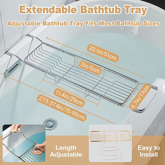 Stainless Steel Bathtub Caddy Tray, Expandable Bathtub Holder Table, Adjustable - Image 2