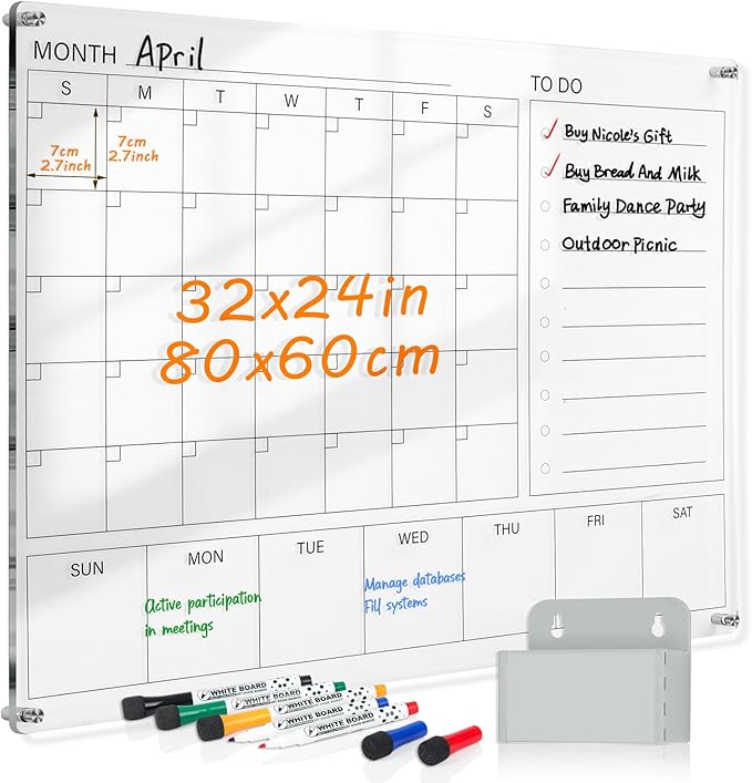 MAKELLO Acrylic Calendar for Wall 32" x 24", Clear White Board Calendar for Office, School, Home, Monthly Whiteboard with Weekly