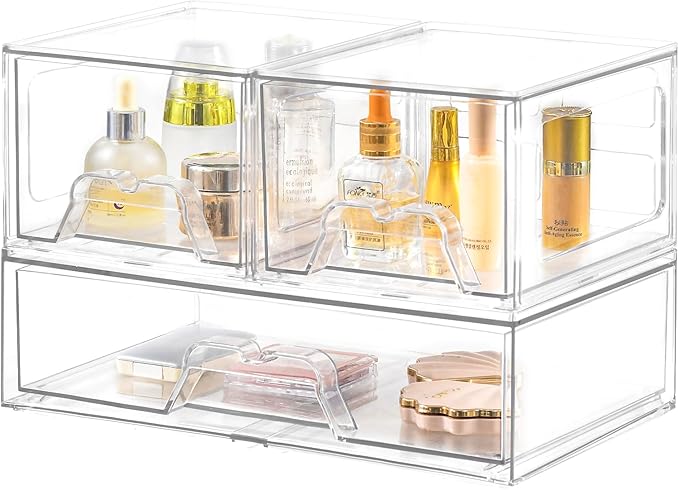 Stebopum 3 Pack Stackable Storage Drawers Clear Acrylic Organizer Makeup Bathroom Organizer and Storage for Beauty Supplies,Ideal for Vanity, Cabinet,Bathroom,Pantry Organization