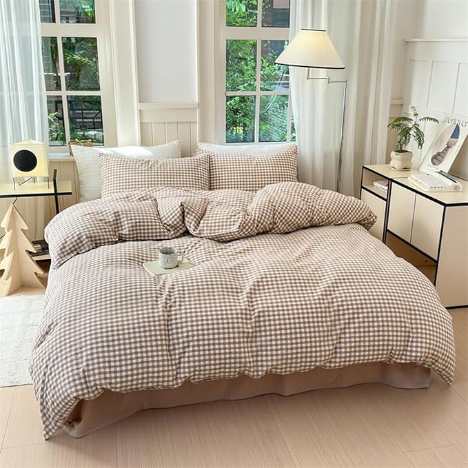 Nayoroom Brown Gingham Duvet Cover Queen Size Tan White Plaid Checkered Duvet - Image 2