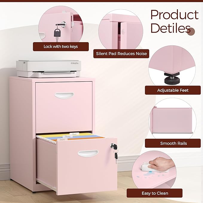 Kubohogar 2 Drawer File Cabinet with Lock,Pink Metal Filing Cabinets,Vertical Locking File Cabinet Fit Hanging Files, Letter,File Box and A4 Documents(Pink)