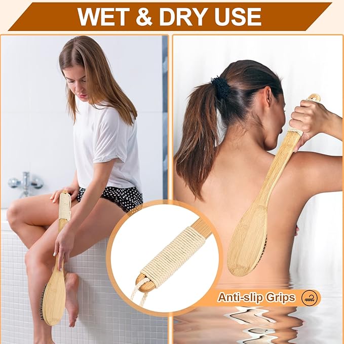 eaxun Bamboo Shower Brush with Curved Long Handle, 16.7 Inches Exfoliating Back - Image 5