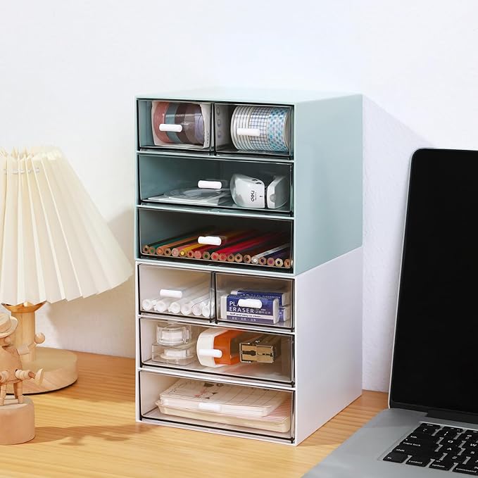 MILULUGO Makeup Organizer with 4 Drawers, Desk Organizer, Cosmetics Storage Box for nail polish, Lipstick, Brushes, Jewelry, Skincare, Bathroom Organization Boxes - Blue