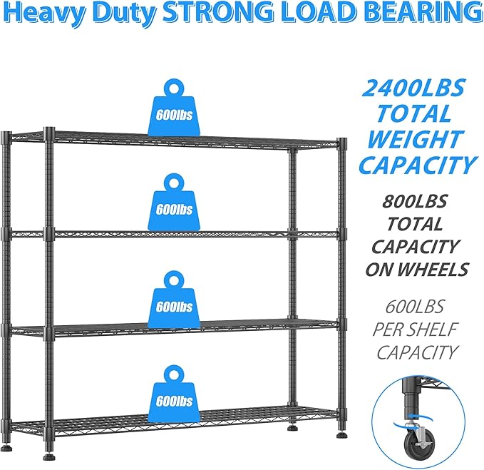 Homdox 4 Tier Heavy Duty Metal Wire Shelving with Wheels, 2400 lbs Capacity Garage Storage Rack, Rolling Industrial Storage, Adjustable Commercial Shelves for Kitchen, Warehouse, 18"x60"x72", Black