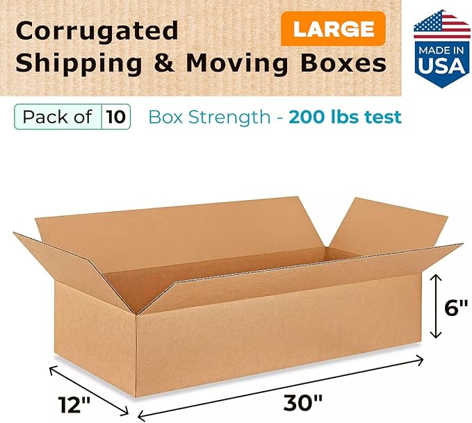 Large Shipping & Moving Boxes 30x12x6 inches (10-Pack) - Extra Strength 200 lb vs Regular - Corrugated Packing Boxes for Moving - Big Box - Box for Packaging Moving Large Volumes by IDL Packaging