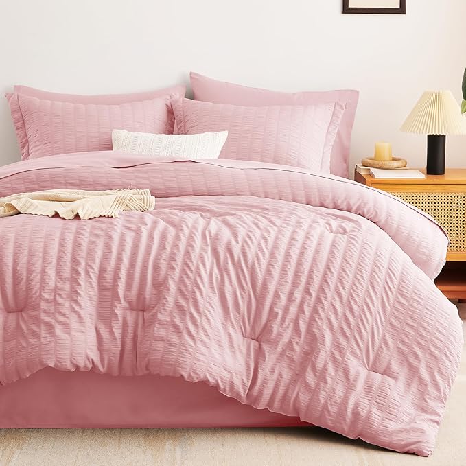 CozyLux King Size Comforter Set Pink Seersucker 7 Pieces Bed in a Bag King - Image 9
