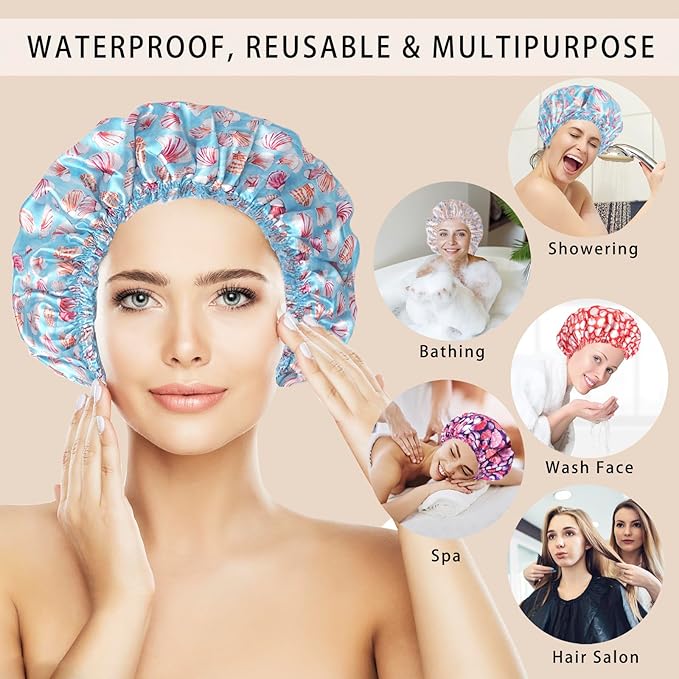 Shower Caps for Women, Double Layers Shower Cap Reusable Waterproof, Bathing - Image 3