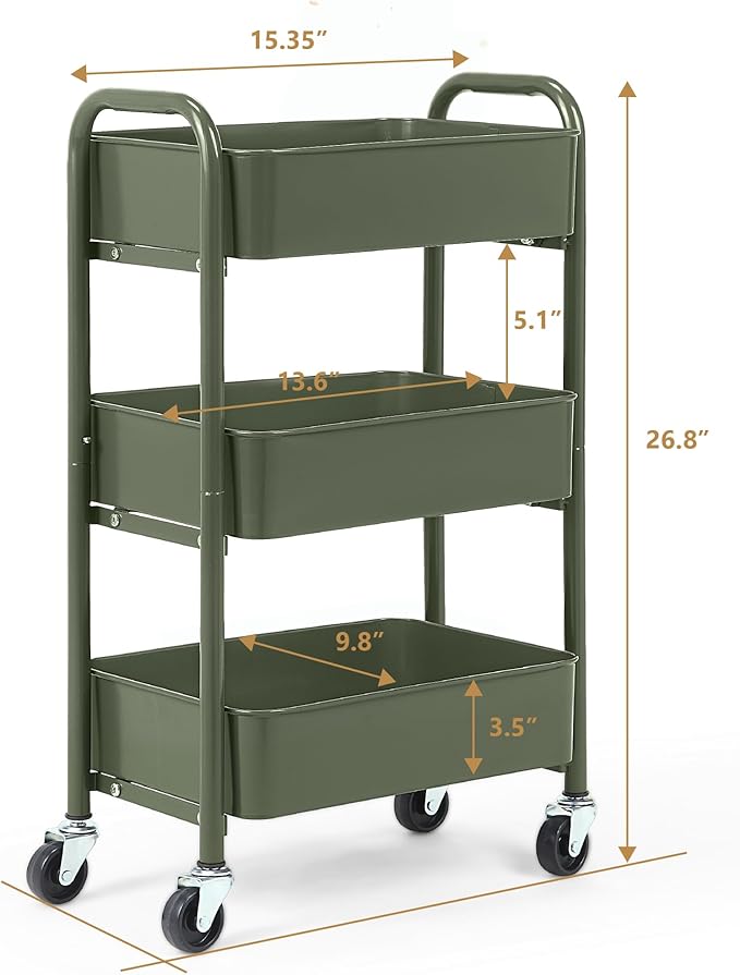 SunnyPoint 3-Tier Delicate Compact Rolling Metal Storage Organizer - Mobile Utility Cart Kitchen/Under Desk Cart with Caster Wheels - Army (15.35" X 10.24" X 26.8"H)