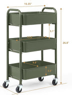 SunnyPoint 3-Tier Delicate Compact Rolling Metal Storage Organizer - Mobile Utility Cart Kitchen/Under Desk Cart with Caster Wheels - Army (15.35" X 10.24" X 26.8"H)