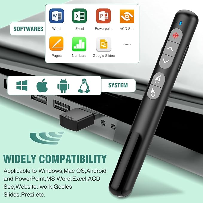 Wireless Presentation Clicker with Air Mouse Function - Rechargeable RF 2.4GHz USB Slide Clicker for Powerpoint, Mac, Laptop, Computer
