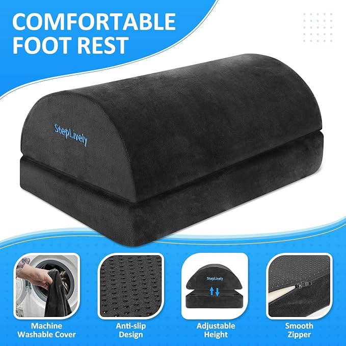 StepLively Foot Rest for Under Desk at Work, Comfortable Foot Stool with 2 Adjustable Heights, Footrest with Washable Cover, for Back & Hip Pain Relief, Suitable for Office, Home and Car (Grey)