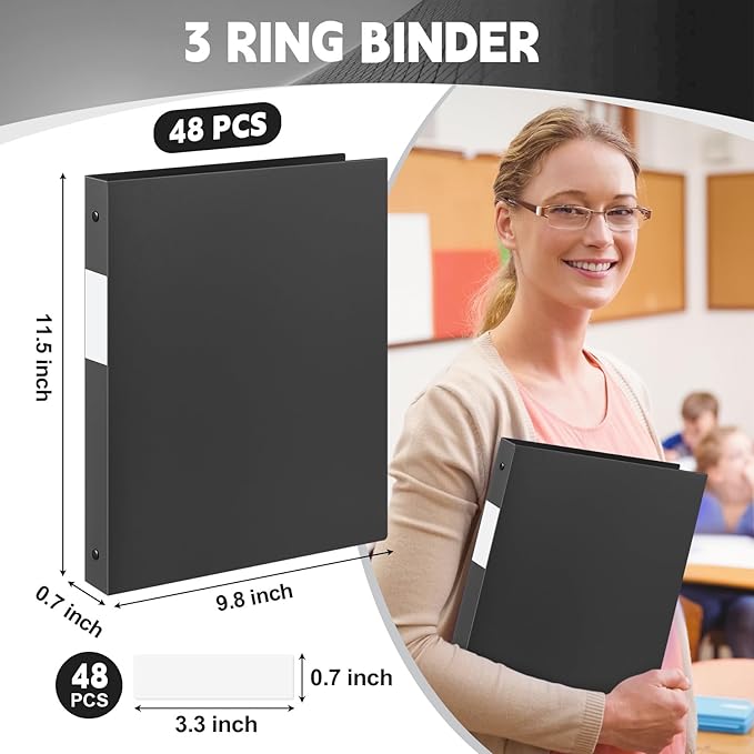 Henoyso 48 Pcs 3 Ring Binder 0.5 Inch Round Fits Letter Size 8.5'' x 11'' Paper Plastic Flexible Binder Bulk Holds 140 Sheets with 1 Pockets Versatile Organizer for Home Office School (Black)