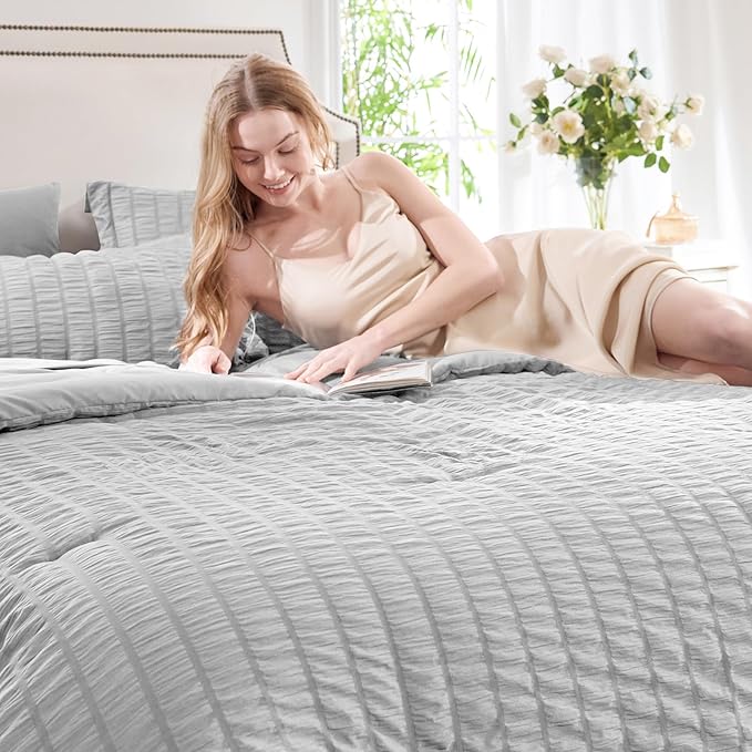CozyLux Queen Comforter Set Light Grey Seersucker 7 Pieces Bed in a Bag Queen - Image 3