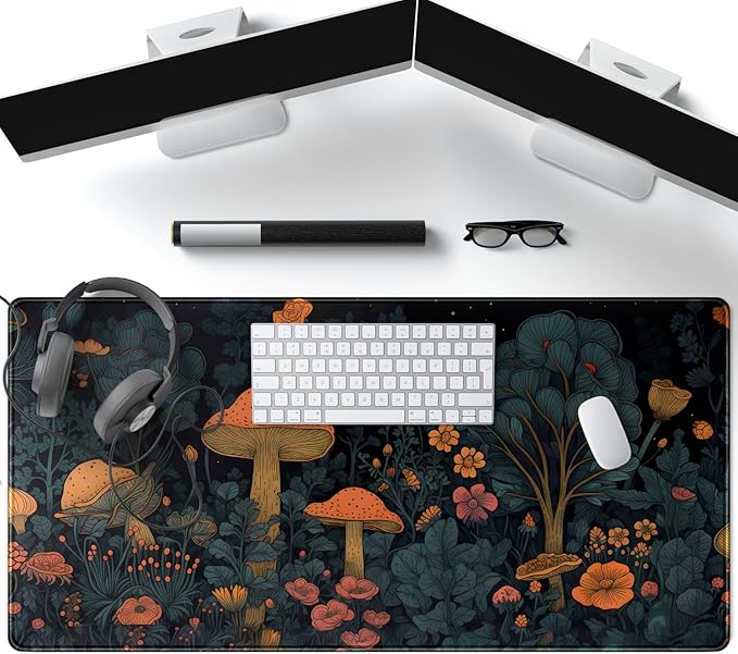 Mushroom Retro Mouse pad Desk Mat Dark Vintage Floral Forest Pad XXL, Aesthetic Botanical Desk Pad Office Desk Decor Accessories Mousepads for Laptop Computer Keyboard Mat 31.5x15.8 in