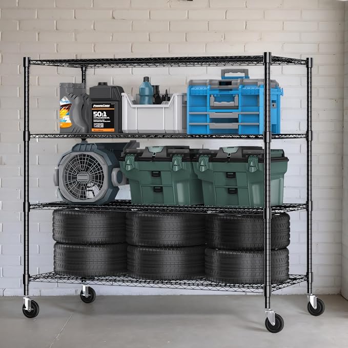 Himimi 4 Tier Wire Shelving with Wheels Heavy Duty Height Adjustable Metal Shelves for Storage, Commercial Grade Steel Utility Wire Rack for Kitchen Garage Pantry Organization-24×48×72, Black