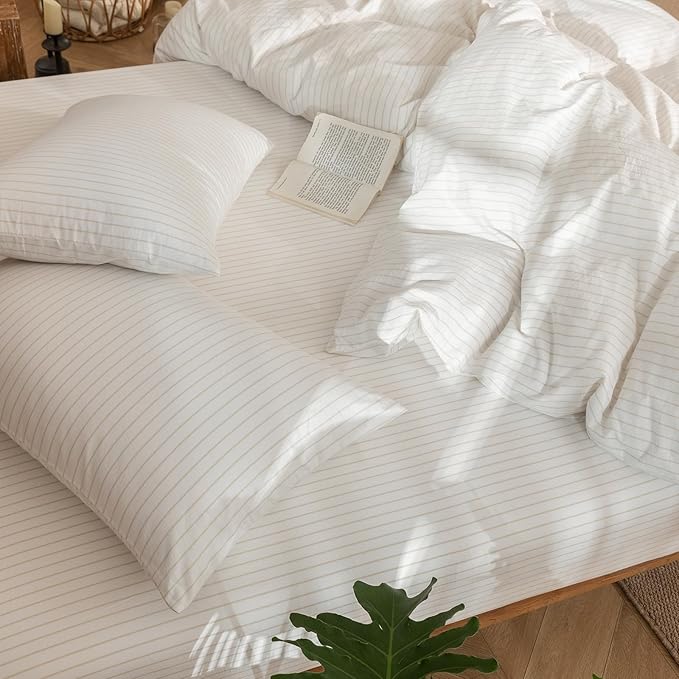 MooMee Striped Duvet Cover Set 100% Washed Cotton Linen Like Textured - Image 8